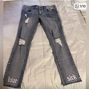 ISO LOVE SICK Distressed Gray Jeans with Embroidered Details